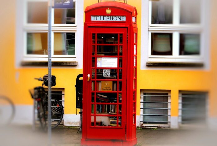 phone booth, british, bookcase